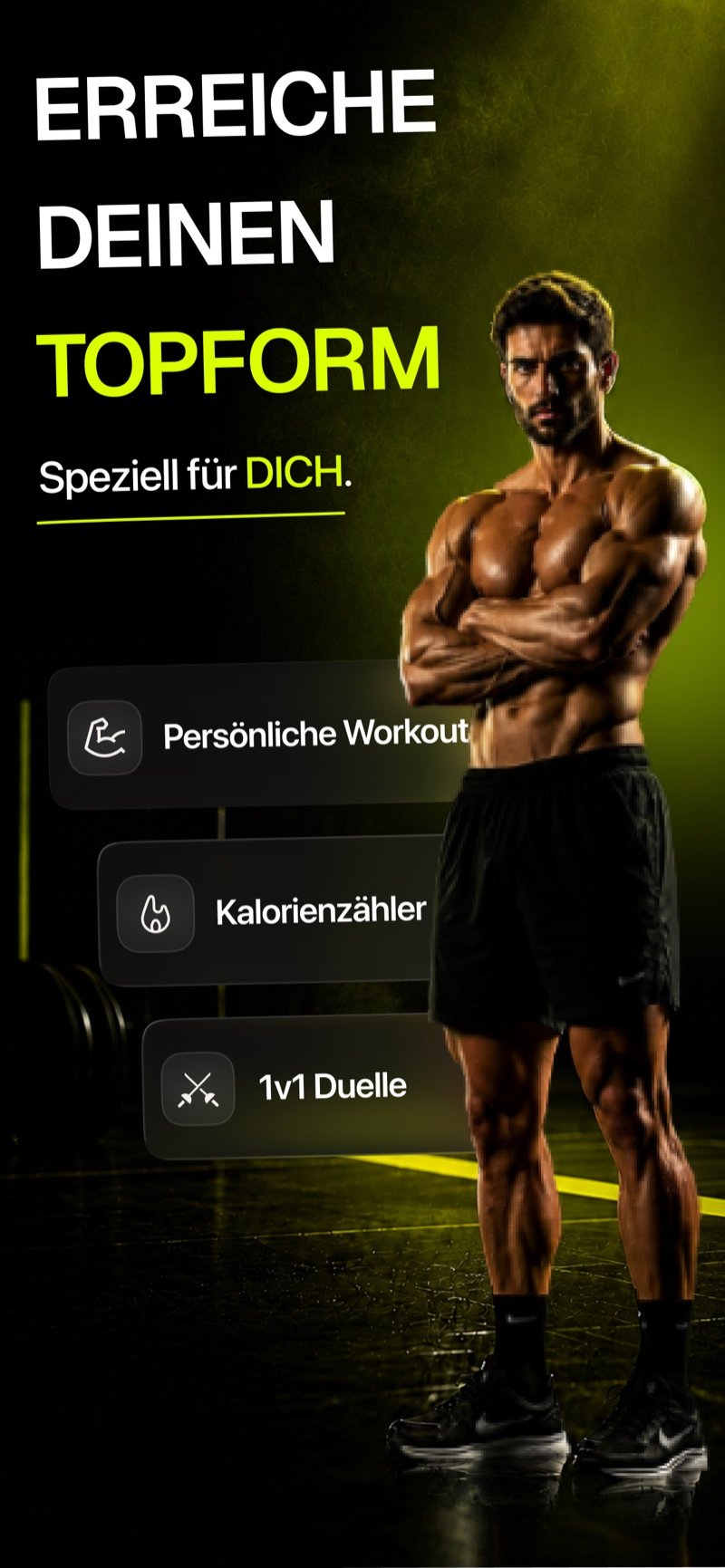Werbebild „Erreiche deine Topform" mit Persönlichen Workouts, Kalorienzähler und 1-gegen-1-Duellen