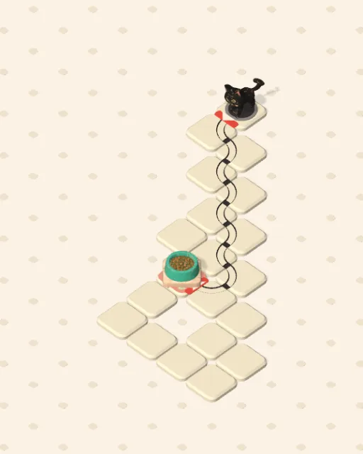 Black Cat garden 1, The Far Side, solved — each cat's route drawn across the stones in her own colour