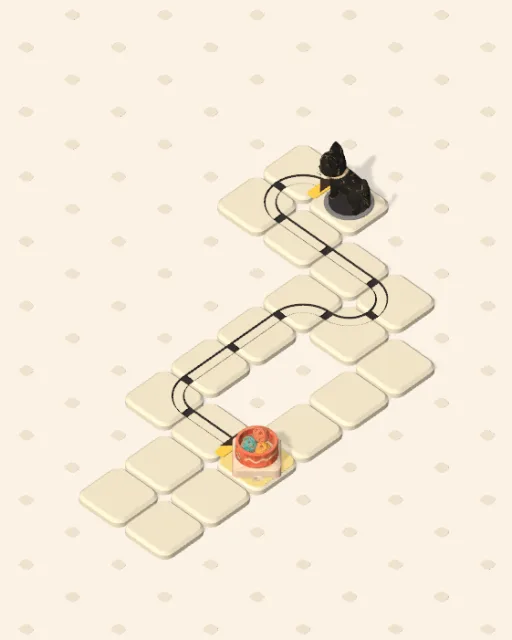 Black Cat garden 2, The One Door solved — the finished board with each cat's route drawn across the stones in her own colour