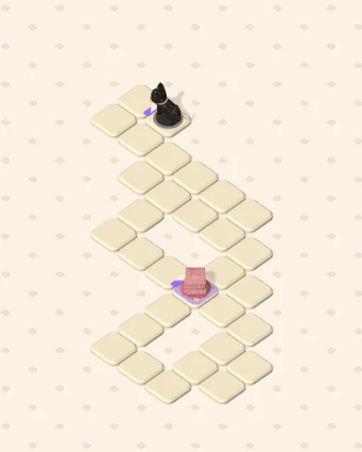 Black Cat garden 3, Round the Pond before it is solved — the stones, the cats on their mats and the things they are heading for