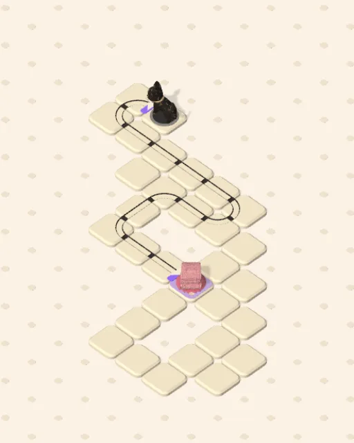 Black Cat garden 3, Round the Pond solved — the finished board with each cat's route drawn across the stones in her own colour