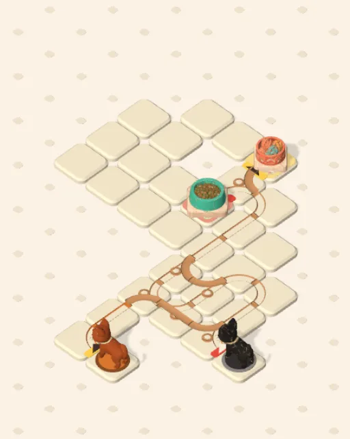 Black Cat garden 4, Keep Them Apart solved — the finished board with each cat's route drawn across the stones in her own colour