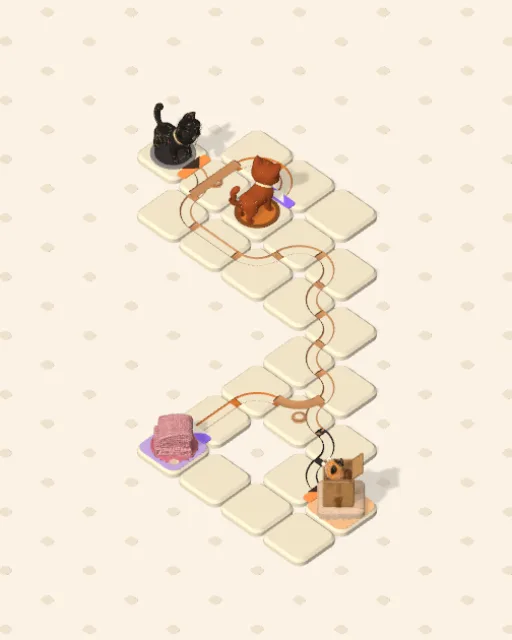 Black Cat garden 5, A Second Cat solved — the finished board with each cat's route drawn across the stones in her own colour