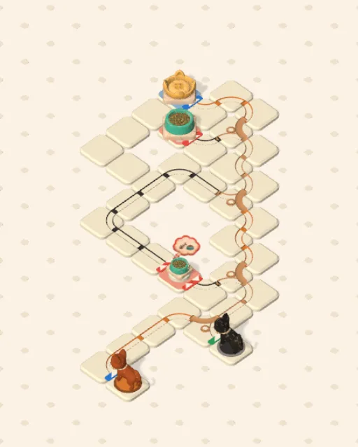 Black Cat garden 6, Catnip and Company solved — the finished board with each cat's route drawn across the stones in her own colour