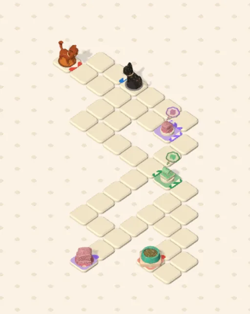 Black Cat garden 7, Two Patches, Two Cats before it is solved — the stones, the cats on their mats and the things they are heading for