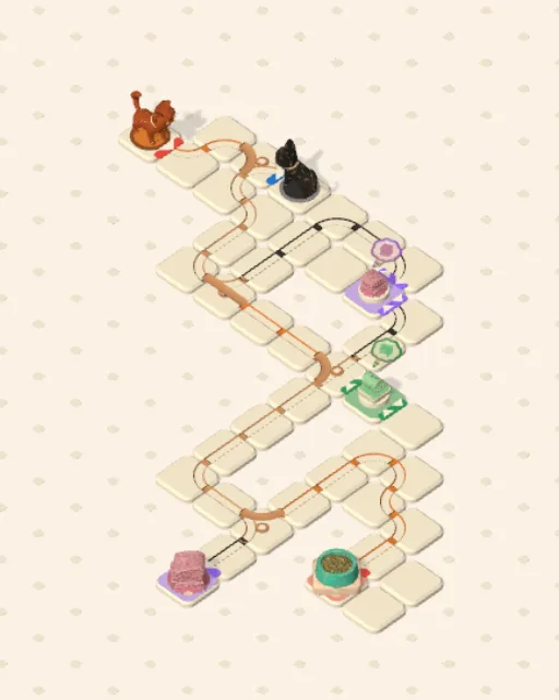 Black Cat garden 7, Two Patches, Two Cats solved — the finished board with each cat's route drawn across the stones in her own colour