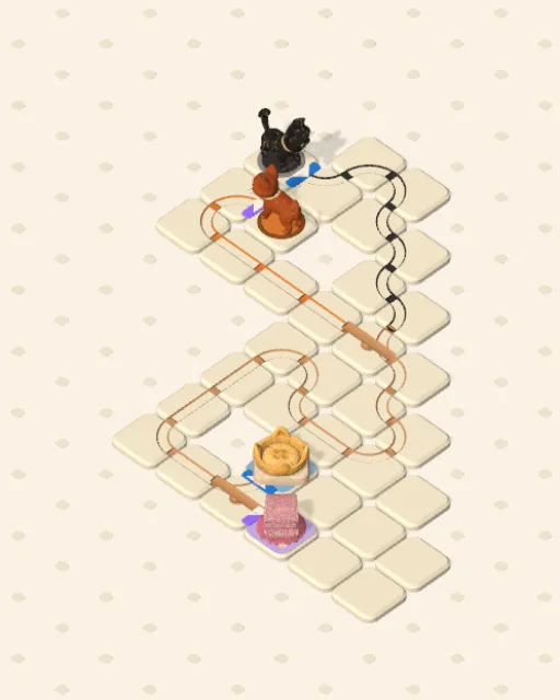 Black Cat garden 9, The Narrow Gap solved — the finished board with each cat's route drawn across the stones in her own colour