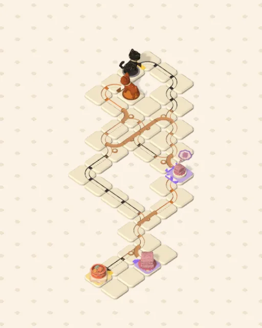 Black Cat garden 10, Turned in the Gap solved — the finished board with each cat's route drawn across the stones in her own colour