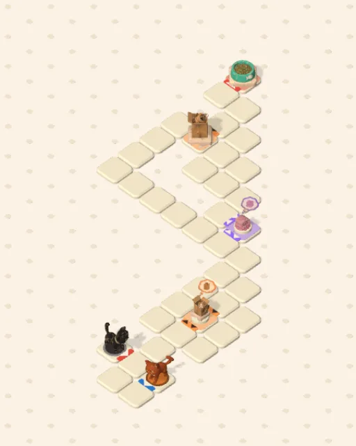 Black Cat garden 11, Both Turned before it is solved — the stones, the cats on their mats and the things they are heading for