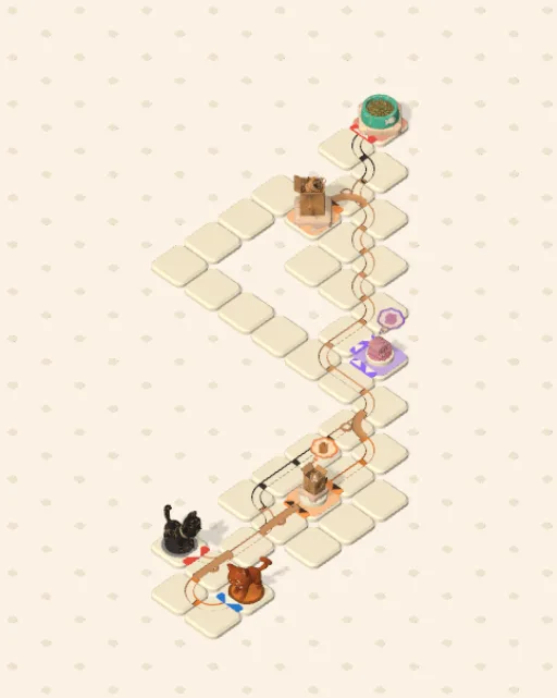 Black Cat garden 11, Both Turned solved — the finished board with each cat's route drawn across the stones in her own colour