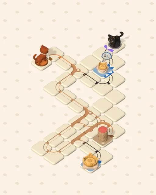 Black Cat garden 12, Brush and Bowl solved — the finished board with each cat's route drawn across the stones in her own colour