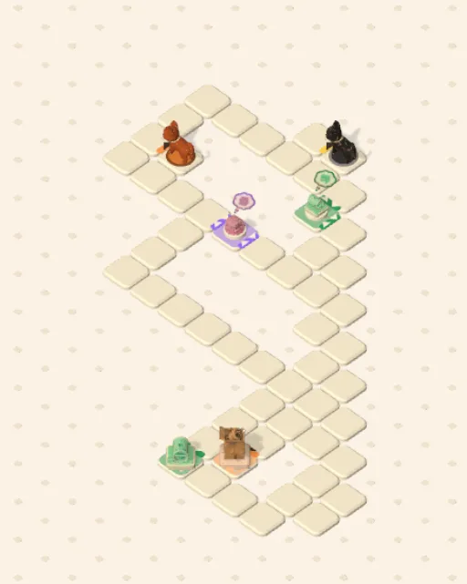 Black Cat garden 13, The Crossed Minds before it is solved — the stones, the cats on their mats and the things they are heading for