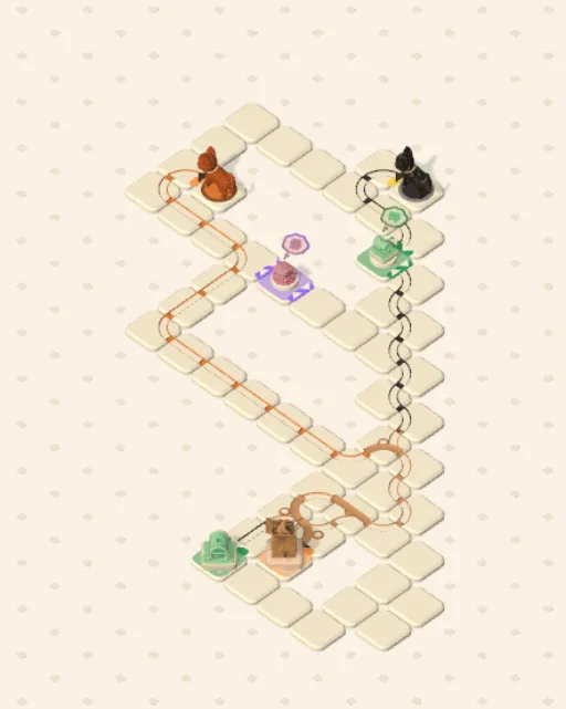 Black Cat garden 13, The Crossed Minds solved — the finished board with each cat's route drawn across the stones in her own colour