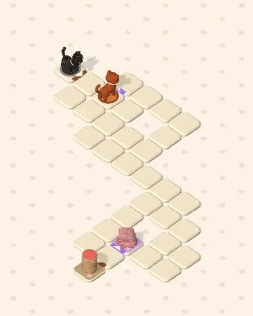 Black Cat garden 14, No Room to Miss before it is solved — the stones, the cats on their mats and the things they are heading for