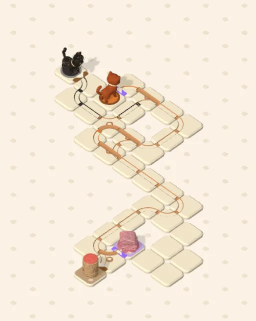 Black Cat garden 14, No Room to Miss solved — the finished board with each cat's route drawn across the stones in her own colour