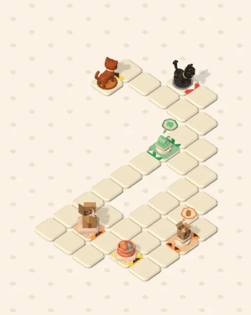 Black Cat garden 16, One Each before it is solved — the stones, the cats on their mats and the things they are heading for