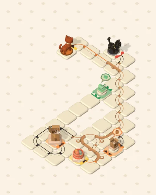 Black Cat garden 16, One Each solved — the finished board with each cat's route drawn across the stones in her own colour