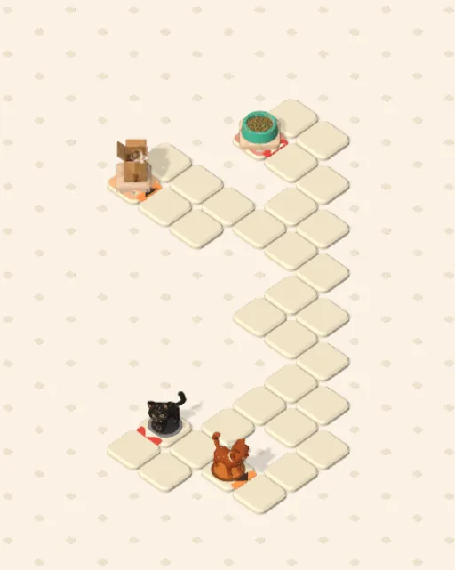 Black Cat garden 17, One Waits before it is solved — the stones, the cats on their mats and the things they are heading for