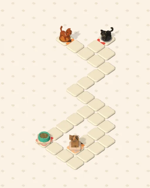 Black Cat garden 18, The Tight Gate before it is solved — the stones, the cats on their mats and the things they are heading for
