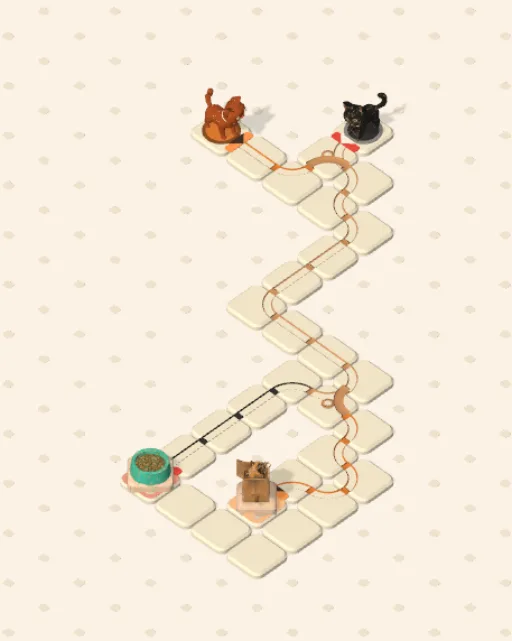 Black Cat garden 18, The Tight Gate solved — the finished board with each cat's route drawn across the stones in her own colour