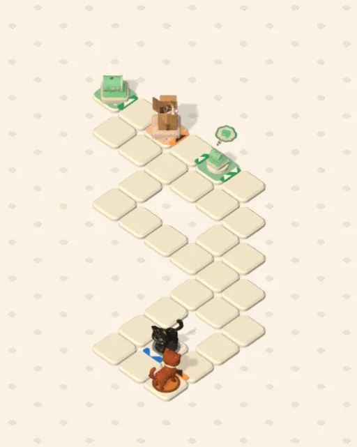 Black Cat garden 19, Two Wants, One Lane before it is solved — the stones, the cats on their mats and the things they are heading for