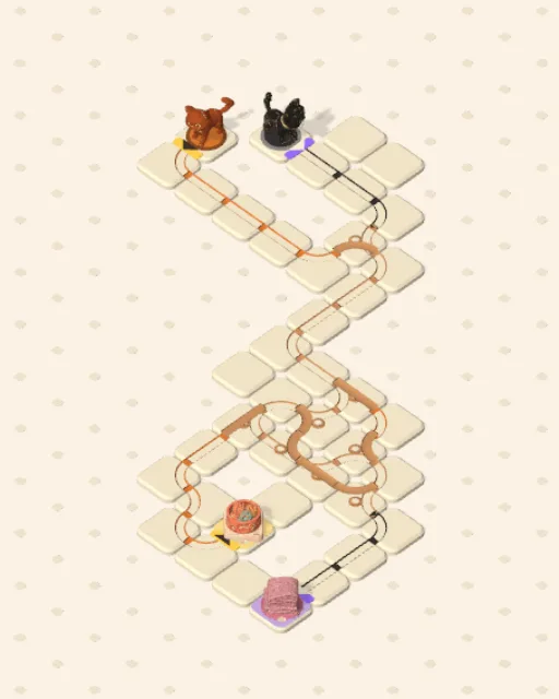 Black Cat garden 20, Both at the Neck solved — the finished board with each cat's route drawn across the stones in her own colour