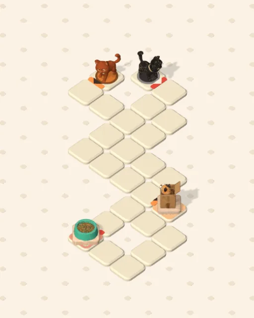 Black Cat garden 22, Two Minds before it is solved — the stones, the cats on their mats and the things they are heading for