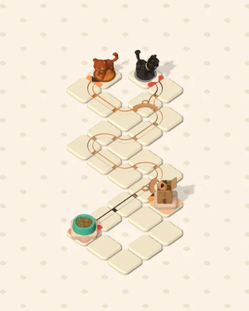 Black Cat garden 22, Two Minds solved — the finished board with each cat's route drawn across the stones in her own colour