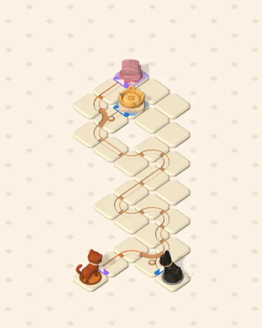Black Cat garden 24, Cross Later solved — the finished board with each cat's route drawn across the stones in her own colour