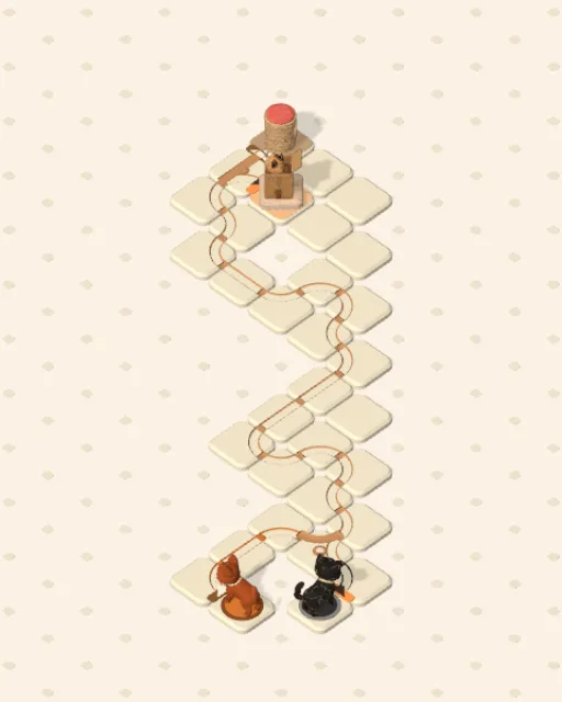 Black Cat garden 25, Two Doors solved — the finished board with each cat's route drawn across the stones in her own colour