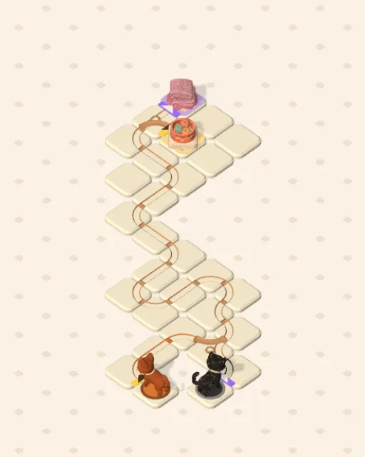 Black Cat garden 26, Nowhere to Wait solved — the finished board with each cat's route drawn across the stones in her own colour