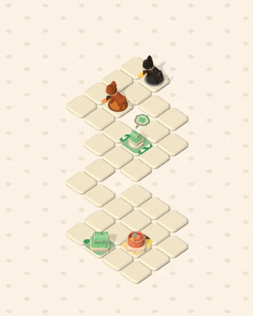 Black Cat garden 27, One Lane, One Patch before it is solved — the stones, the cats on their mats and the things they are heading for