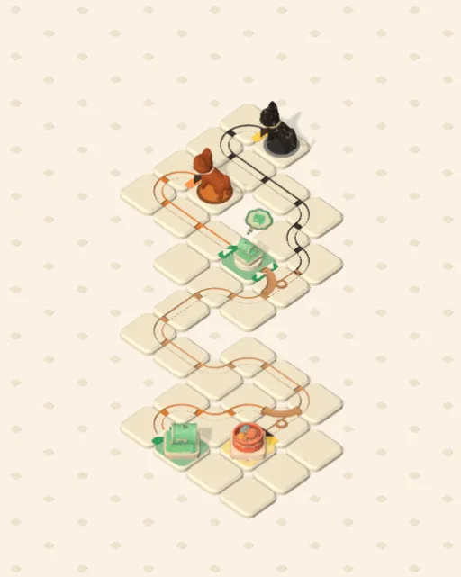 Black Cat garden 27, One Lane, One Patch solved — the finished board with each cat's route drawn across the stones in her own colour
