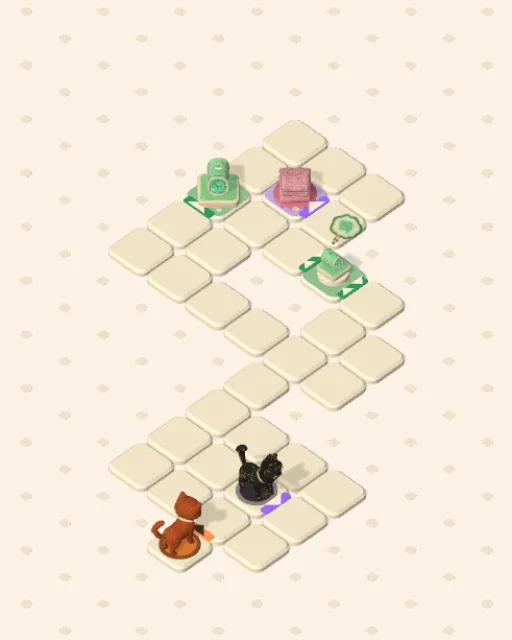 Black Cat garden 28, Change at the Pinch before it is solved — the stones, the cats on their mats and the things they are heading for