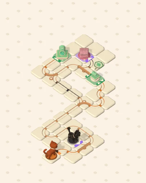 Black Cat garden 28, Change at the Pinch solved — the finished board with each cat's route drawn across the stones in her own colour
