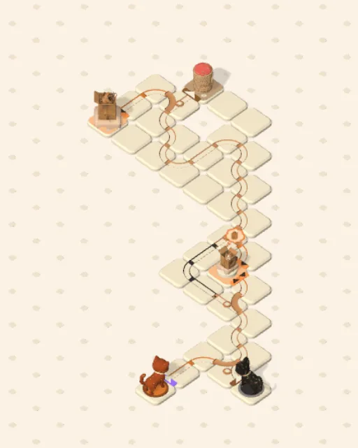 Black Cat garden 30, One Goes Through solved — the finished board with each cat's route drawn across the stones in her own colour