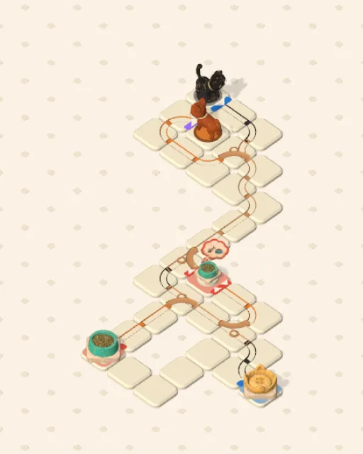 Black Cat garden 31, The Narrow Turning solved — the finished board with each cat's route drawn across the stones in her own colour
