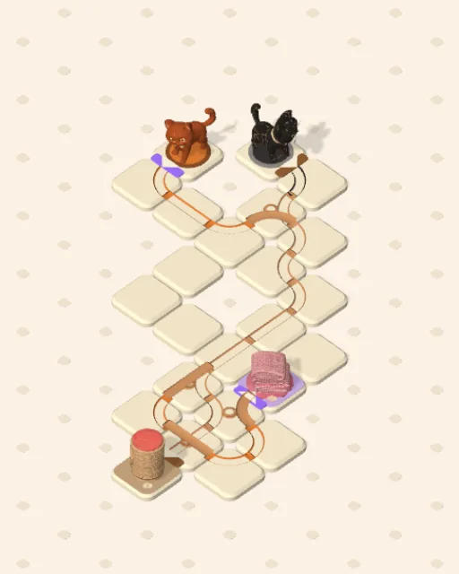 Black Cat garden 32, The Wrong Beat, solved — each cat's route drawn across the stones in her own colour