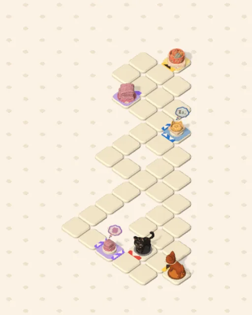 Black Cat garden 33, The Double Turn before it is solved — the stones, the cats on their mats and the things they are heading for