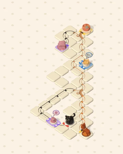 Black Cat garden 33, The Double Turn solved — the finished board with each cat's route drawn across the stones in her own colour