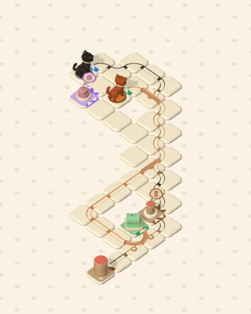 Black Cat garden 34, Two Minds Changed solved — the finished board with each cat's route drawn across the stones in her own colour