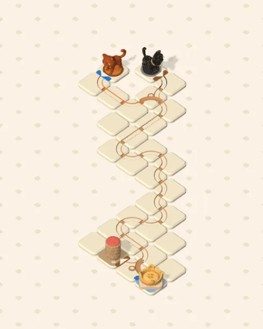 Black Cat garden 36, Shoulder Room solved — the finished board with each cat's route drawn across the stones in her own colour