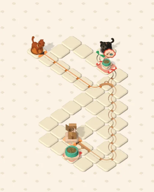 Black Cat garden 37, Which One Changes solved — the finished board with each cat's route drawn across the stones in her own colour