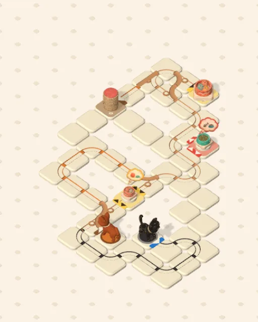 Black Cat garden 40, Patch and Patch solved — the finished board with each cat's route drawn across the stones in her own colour