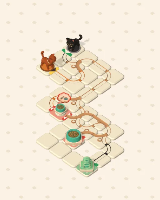 Black Cat garden 41, Both Through the Same solved — the finished board with each cat's route drawn across the stones in her own colour