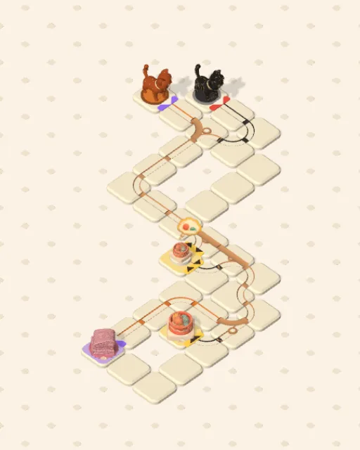 Black Cat garden 42, Nowhere Else to Turn solved — the finished board with each cat's route drawn across the stones in her own colour
