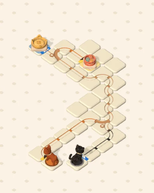 Black Cat garden 43, Neither Can Yield solved — the finished board with each cat's route drawn across the stones in her own colour
