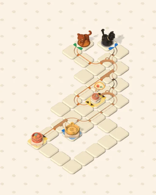 Black Cat garden 44, Change and Pass solved — the finished board with each cat's route drawn across the stones in her own colour