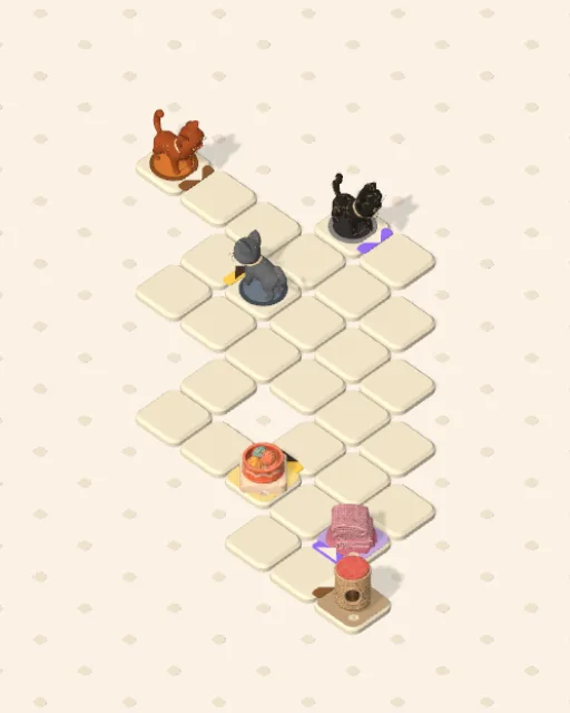 Black Cat garden 45, Three Cats before it is solved — the stones, the cats on their mats and the things they are heading for