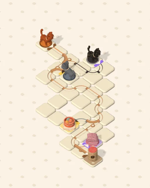 Black Cat garden 45, Three Cats solved — the finished board with each cat's route drawn across the stones in her own colour